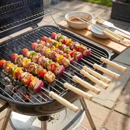 s9J62FBNcfLROBE2y8zYgsWNQh1zqU9Cb3nZGOMi.webp Stainless Steel BBQ Skewers Set | Reusable Grilling Sticks with Wooden Handles for Barbecue & Kebabs (1PC) ( default, OS )